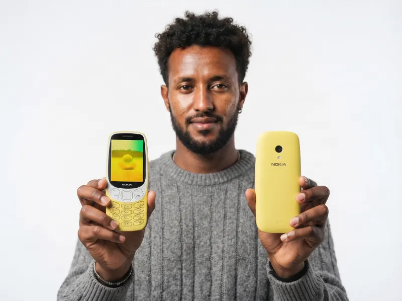 Man holding two yellow Nokia 3210 phones, front and back