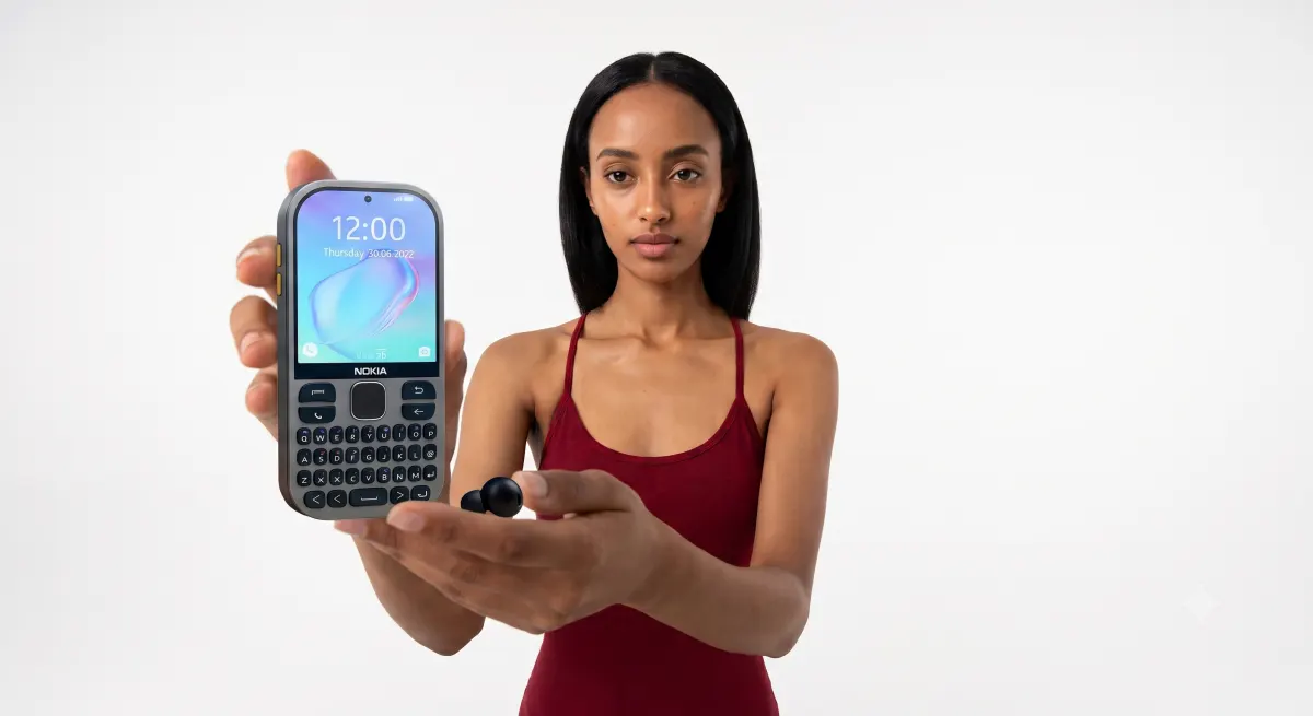 Woman presenting a Nokia QWERTY keypad phone
